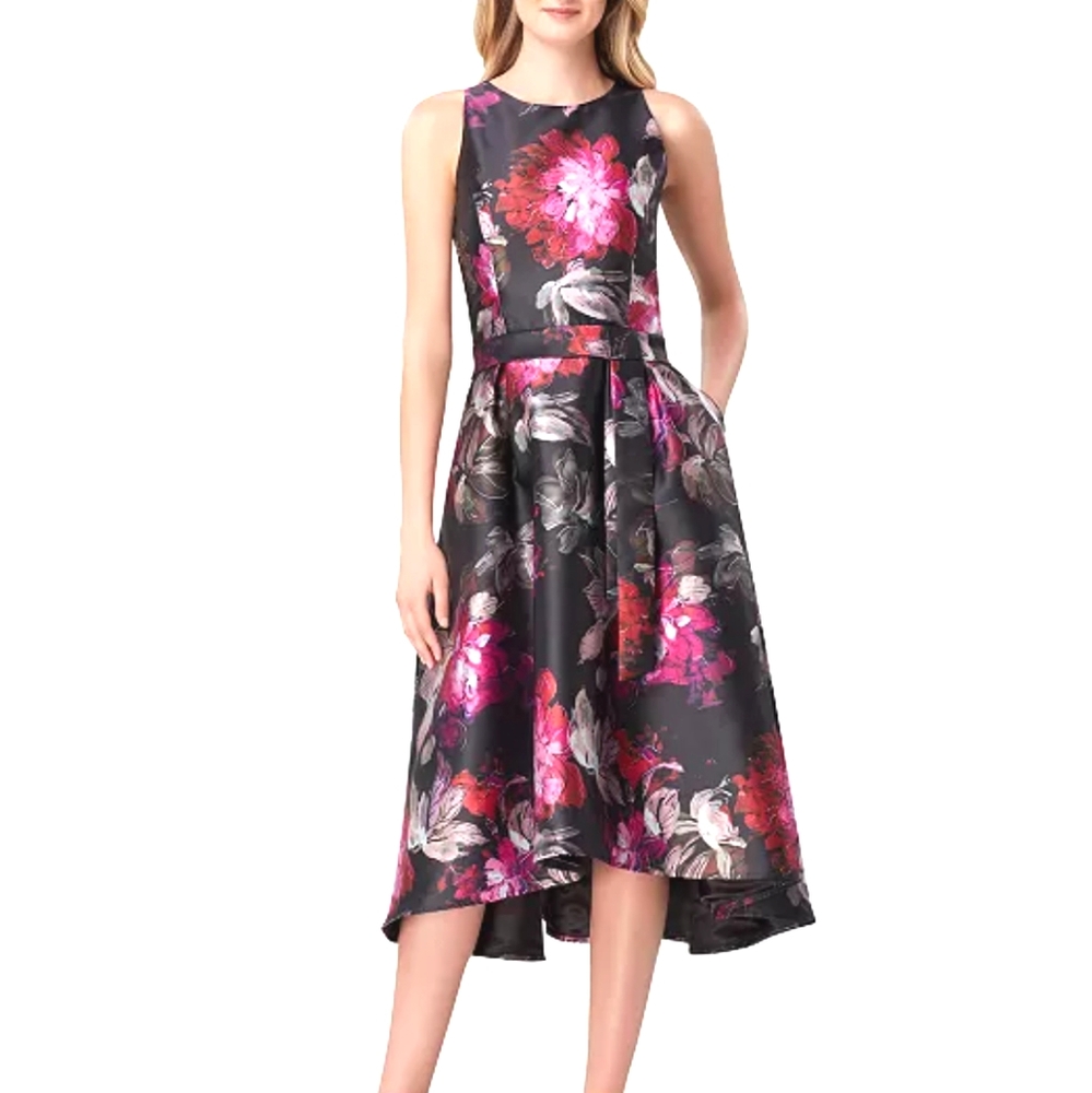 Tahari Black Floral High-Low Cocktail Dress with Pink & Red Blooms